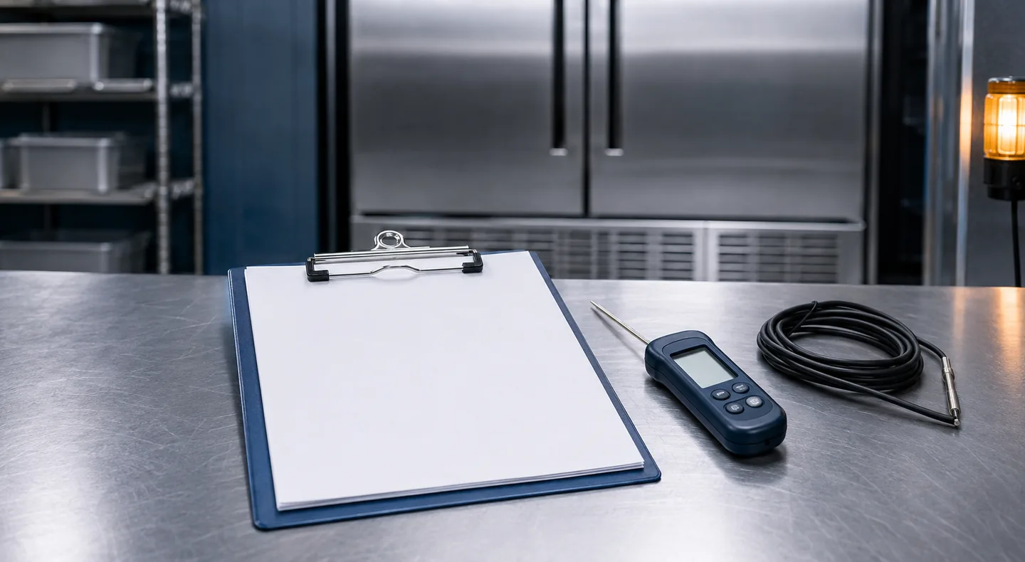 Blank inspection clipboard and digital thermometer on a stainless-steel work surface.