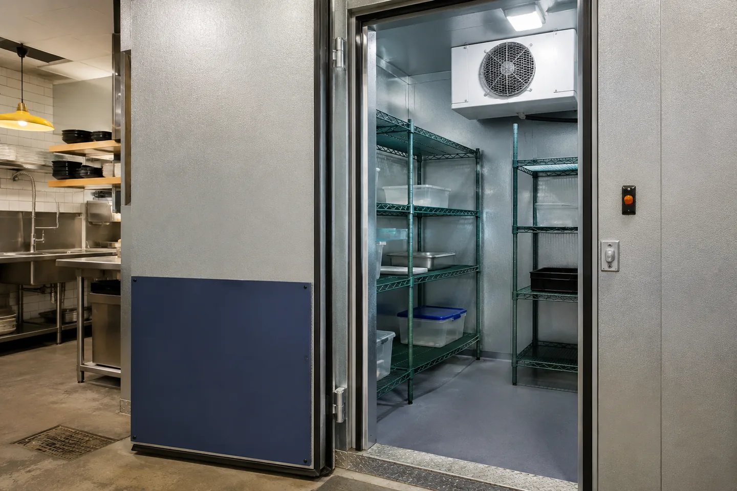 Open commercial walk-in cooler beside a stainless-steel kitchen.
